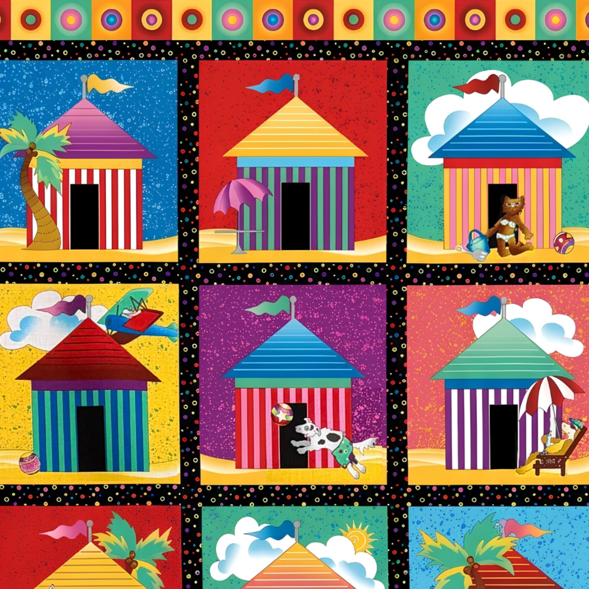 Colourful beach hut cabana tile blocks close-up top section multi novelty kids beach quilts wall hangings