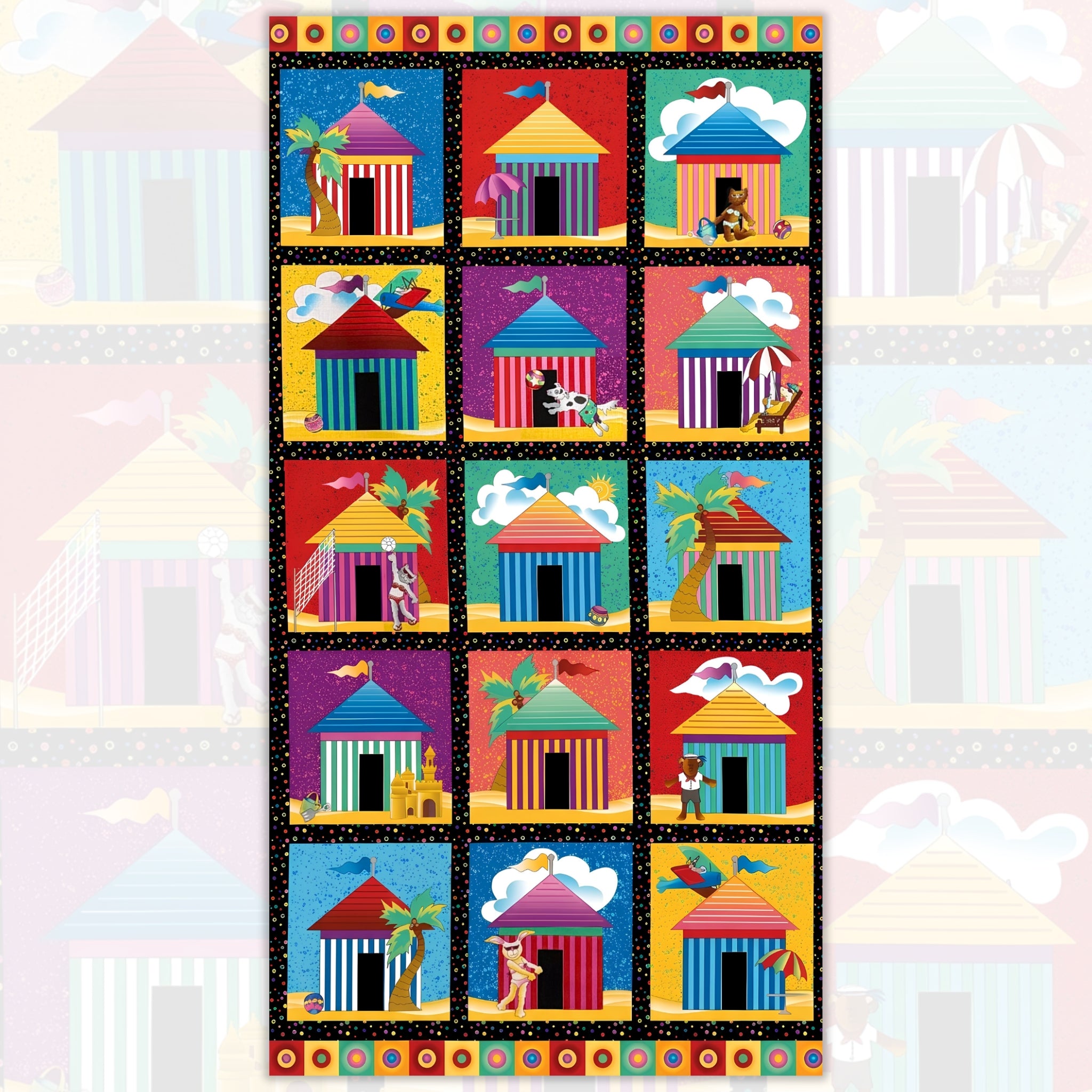 Colourful beach hut cabana tile block panel multi 15 blocks novelty kids beach quilts wall hangings summer projects