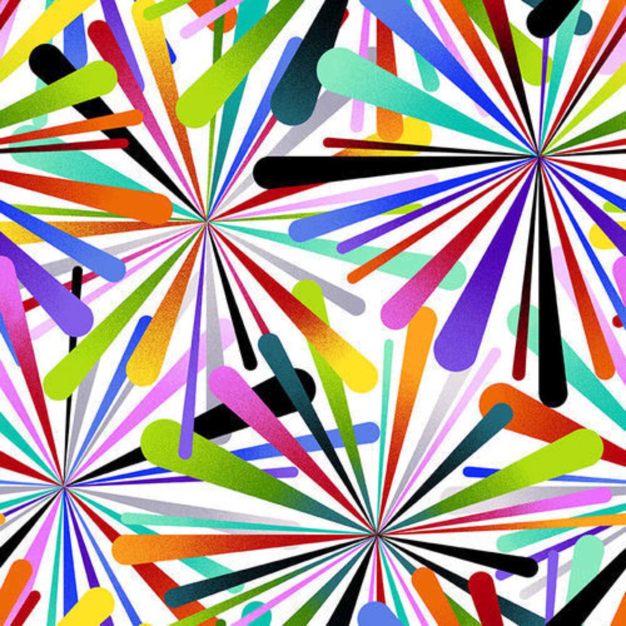 Atomic retro starburst radiating rays vibrant multicoloured white fabric for retro quilts and patchwork sewing projects