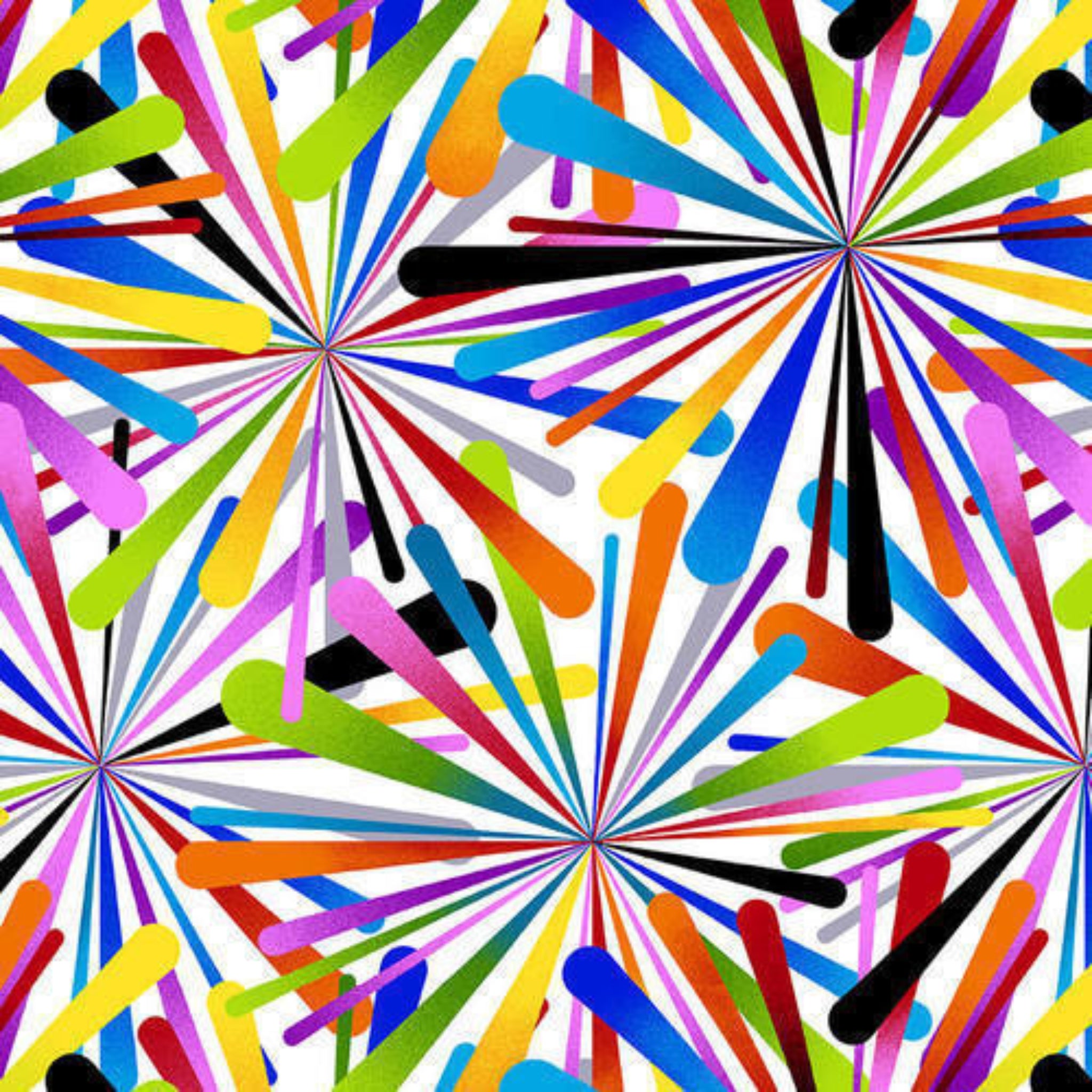 Atomic retro starburst radiating rays vibrant multicoloured white fabric for retro quilts and patchwork sewing projects