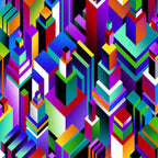 3D geometric cityscape vibrant multicoloured black fabric for contemporary quilts and patchwork sewing projects