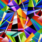 Shattered glass geometric shards vibrant multicoloured black fabric for modern quilts and patchwork sewing projects