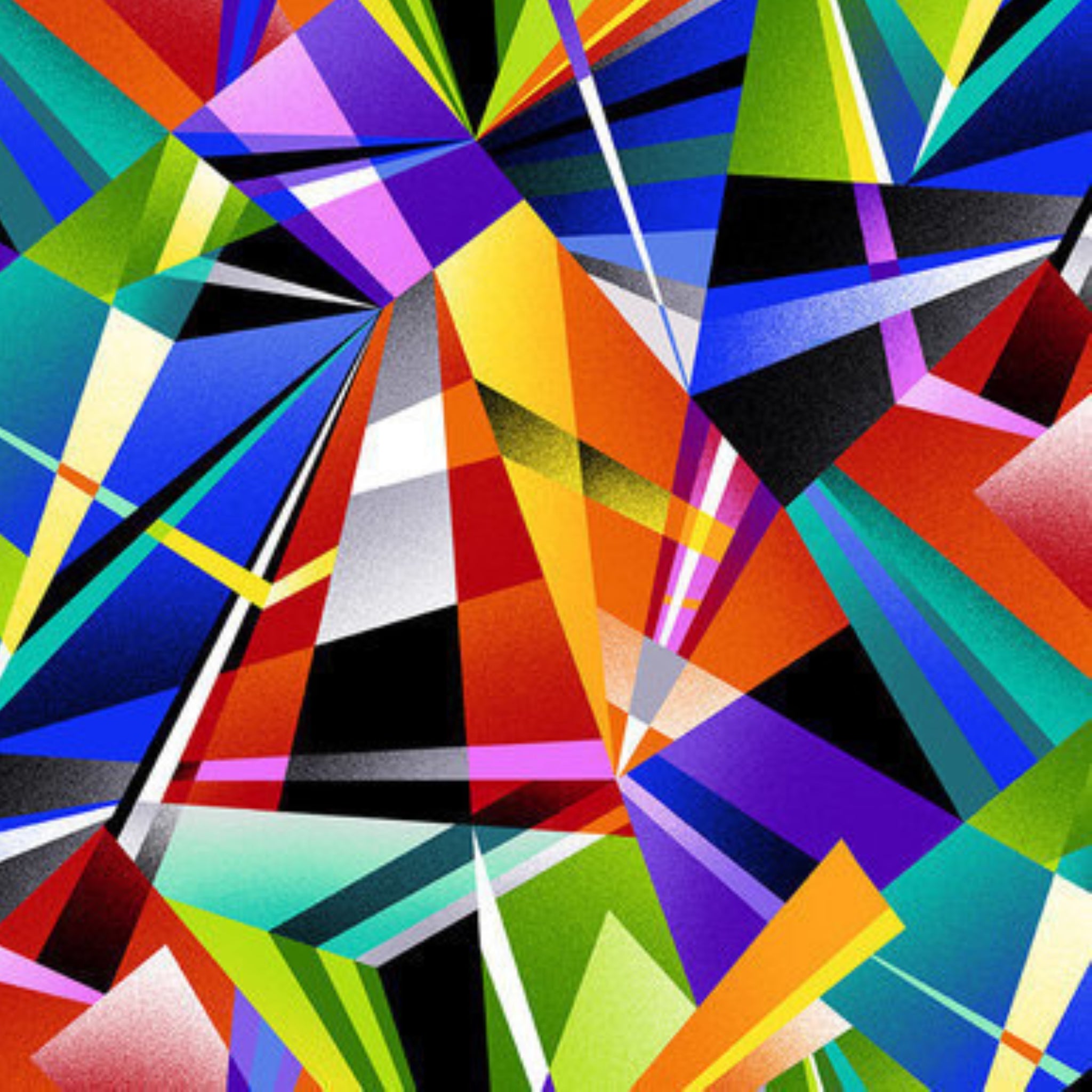 Shattered glass geometric shards vibrant multicoloured black fabric for modern quilts and patchwork sewing projects