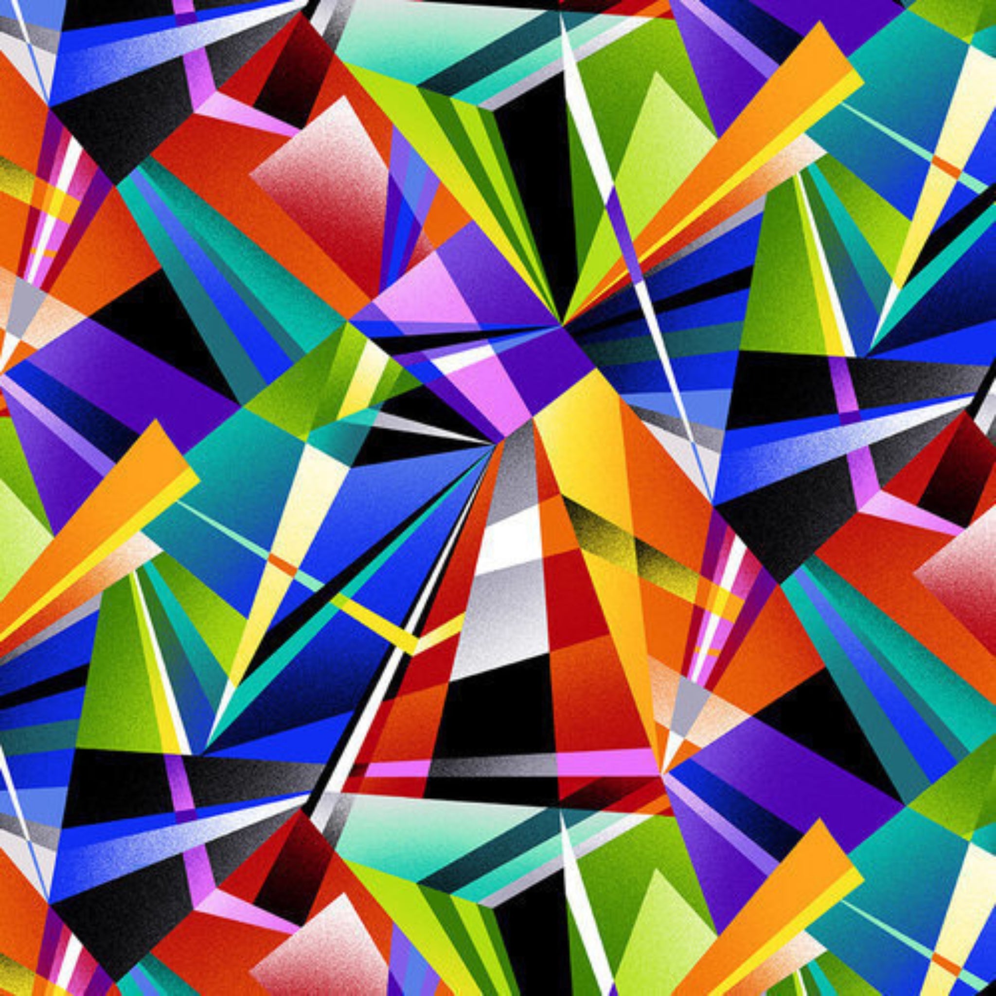 Shattered glass geometric shards vibrant multicoloured black fabric for modern quilts and patchwork sewing projects