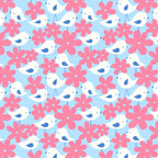 Birds daisy flowers pink sky blue fabric for children's quilts and nursery patchwork projects