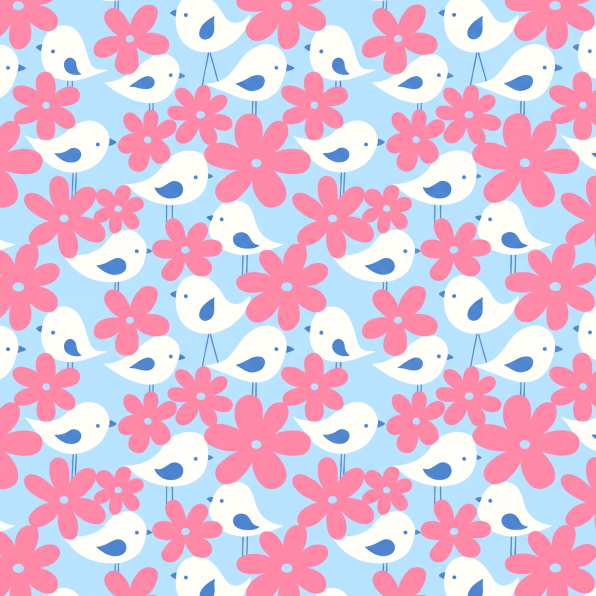 Birds daisy flowers pink sky blue fabric for children's quilts and nursery patchwork projects