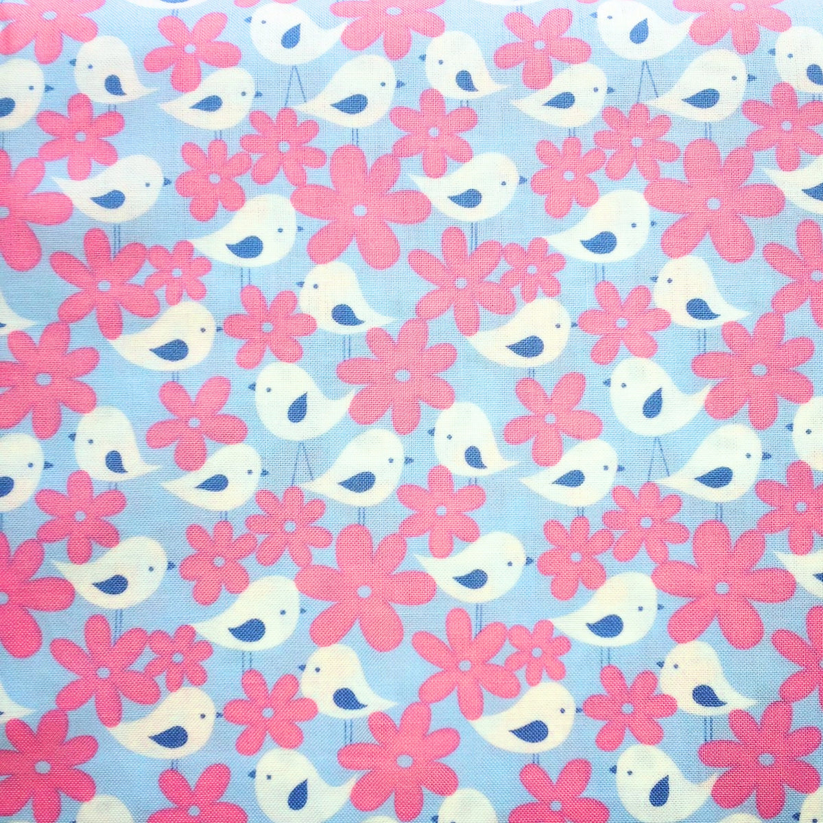 White birds blue wings pink daisy flowers sky blue background girls' novelty quilting fabric patchwork sewing projects