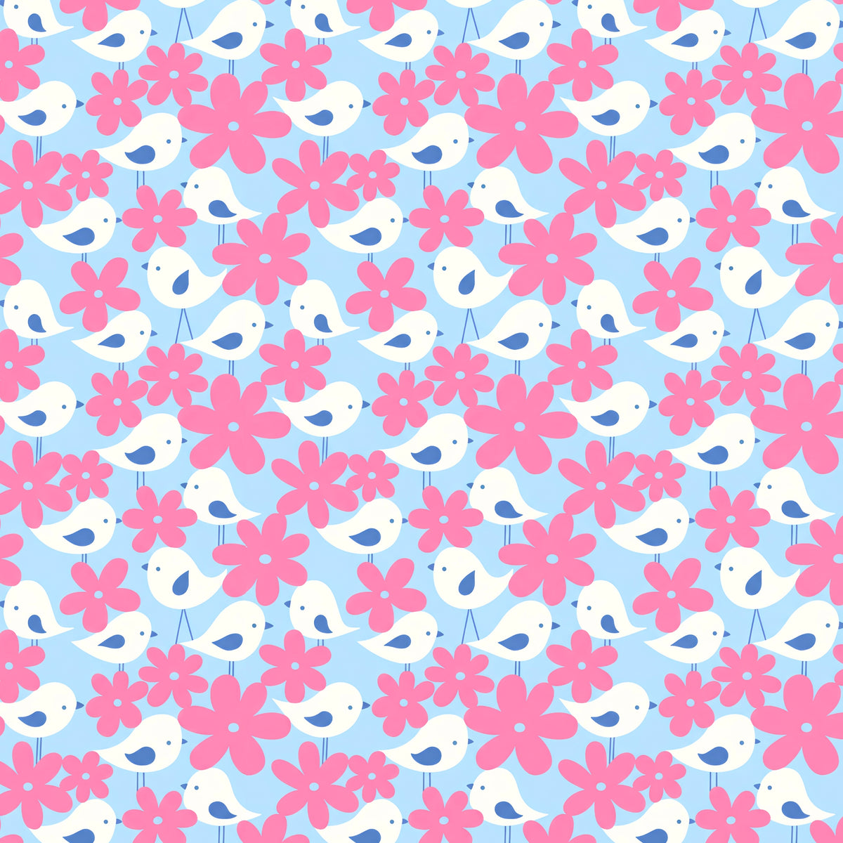 White birds blue wings pink daisy flowers sky blue background girls' novelty quilting fabric patchwork sewing projects