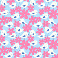 White birds blue wings pink daisy flowers sky blue background girls' novelty quilting fabric patchwork sewing projects