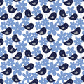 Birds daisy flowers navy blue white fabric for children's quilts and nursery patchwork projects