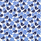 Navy blue birds soft blue daisy flowers white background children's novelty quilting fabric patchwork sewing projects