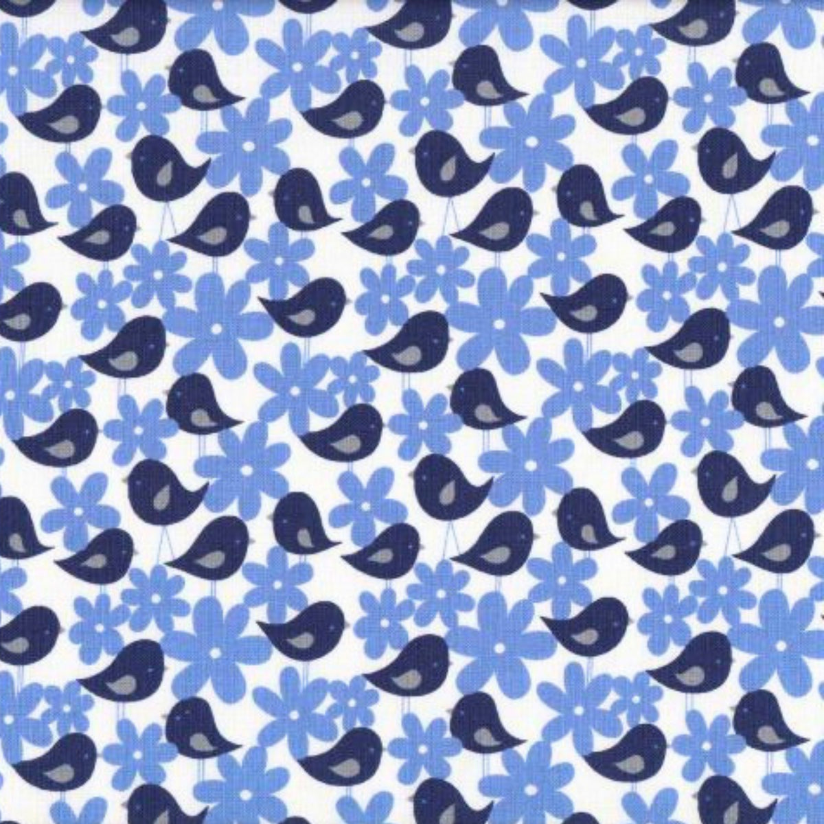 Navy blue birds soft blue daisy flowers white background children's novelty quilting fabric patchwork sewing projects