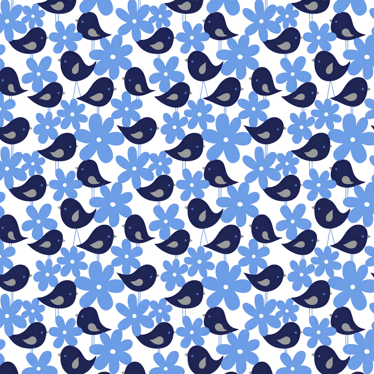 Navy blue birds soft blue daisy flowers white background children's novelty quilting fabric patchwork sewing projects