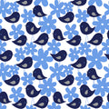 Navy blue birds soft blue daisy flowers white background children's novelty quilting fabric patchwork sewing projects