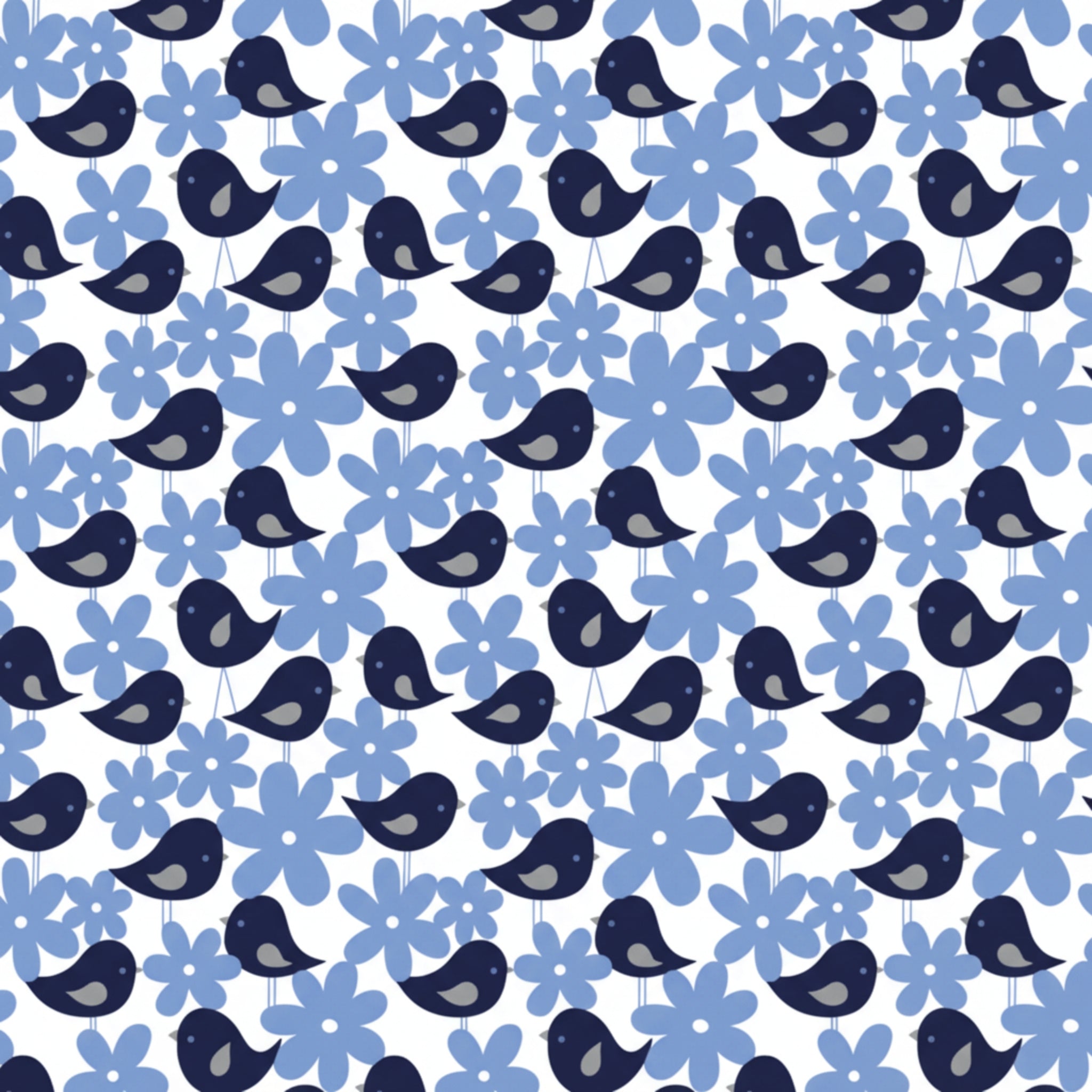 Birds daisy flowers navy blue white fabric for children's quilts and nursery patchwork projects