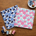 Navy birds blue daisy flowers white background and white birds pink daisy flowers sky blue background fat quarters styled quilting fabric patchwork sewing