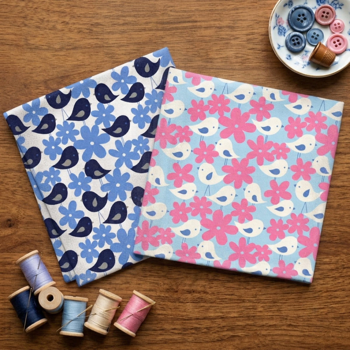 Navy birds blue daisy flowers white background and white birds pink daisy flowers sky blue background fat quarters styled quilting fabric patchwork sewing