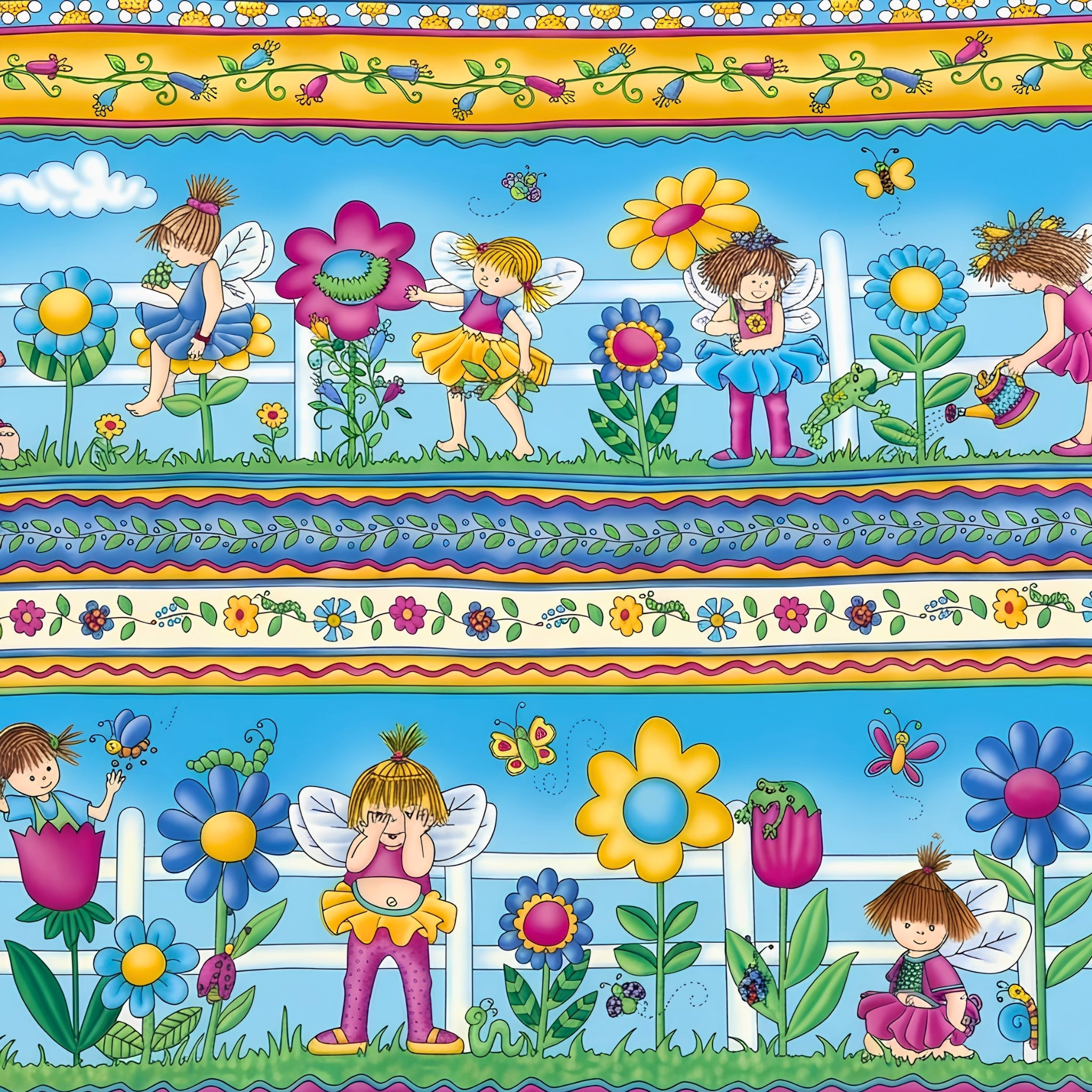 Fairy girls novelty border stripe aqua yellow pink fabric for children's quilts girls' quilts and patchwork sewing projects