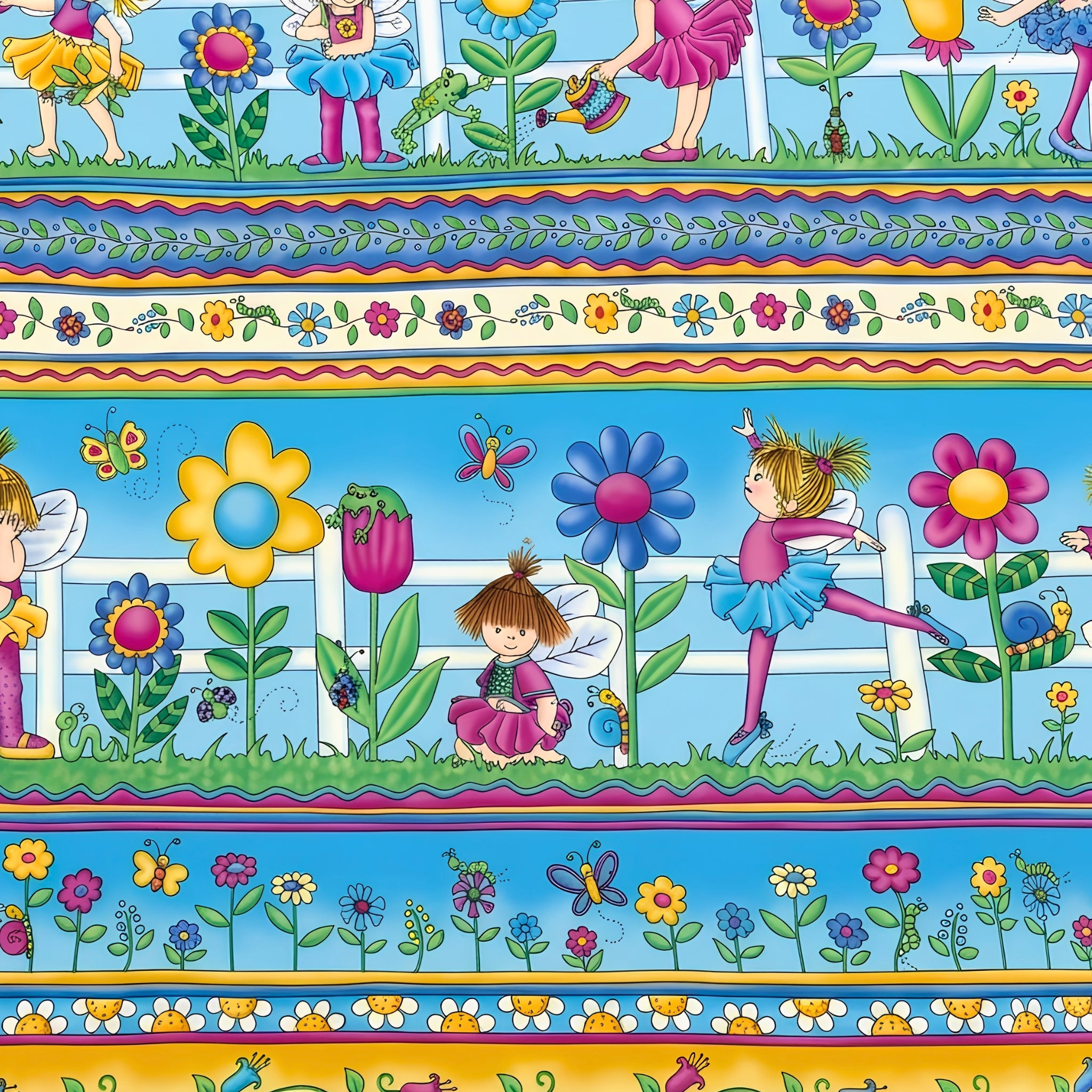Fairy girls novelty border stripe aqua yellow pink fabric for children's quilts girls' quilts and patchwork sewing projects