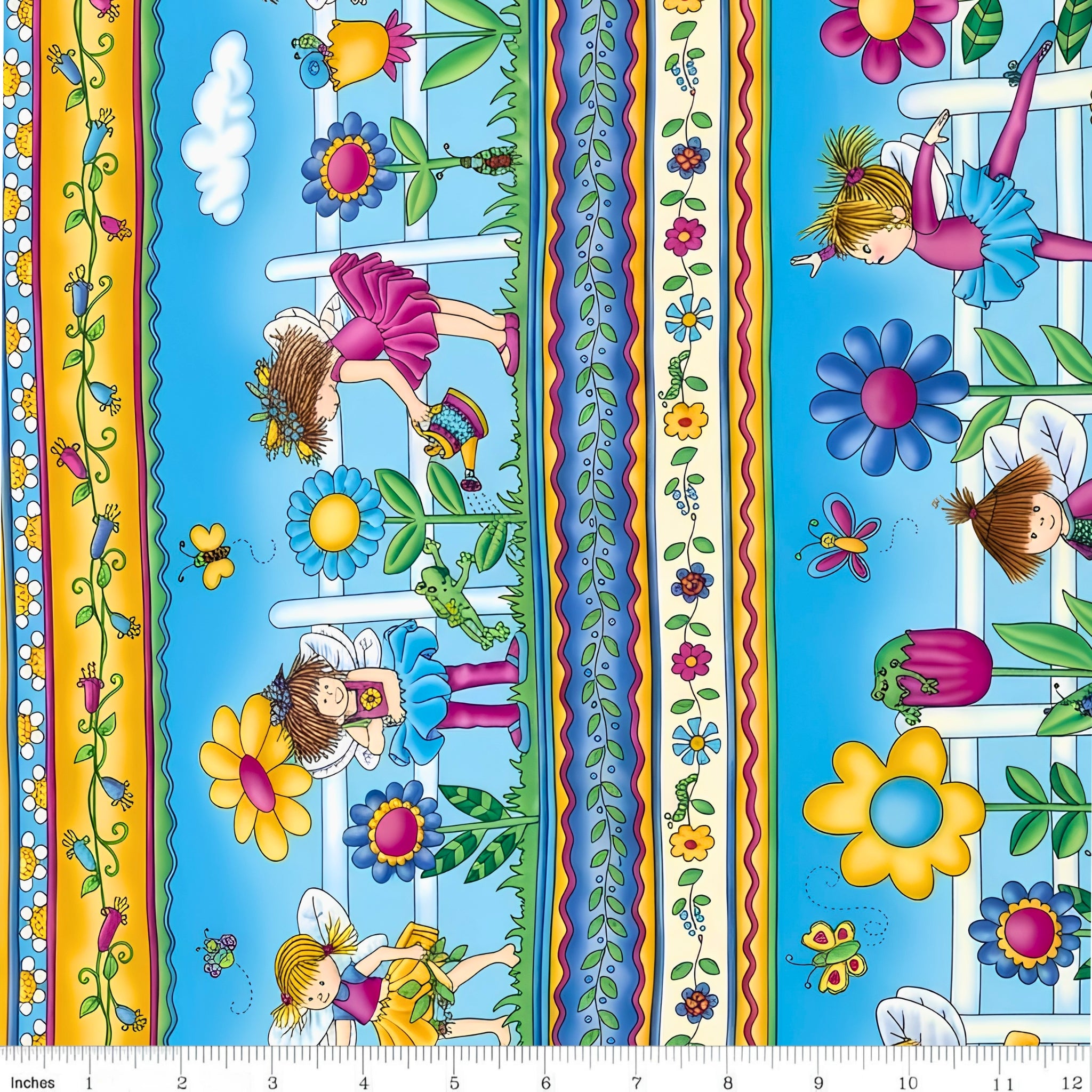 Fairy girls novelty border stripe aqua yellow pink fabric for children's quilts girls' quilts and patchwork sewing projects