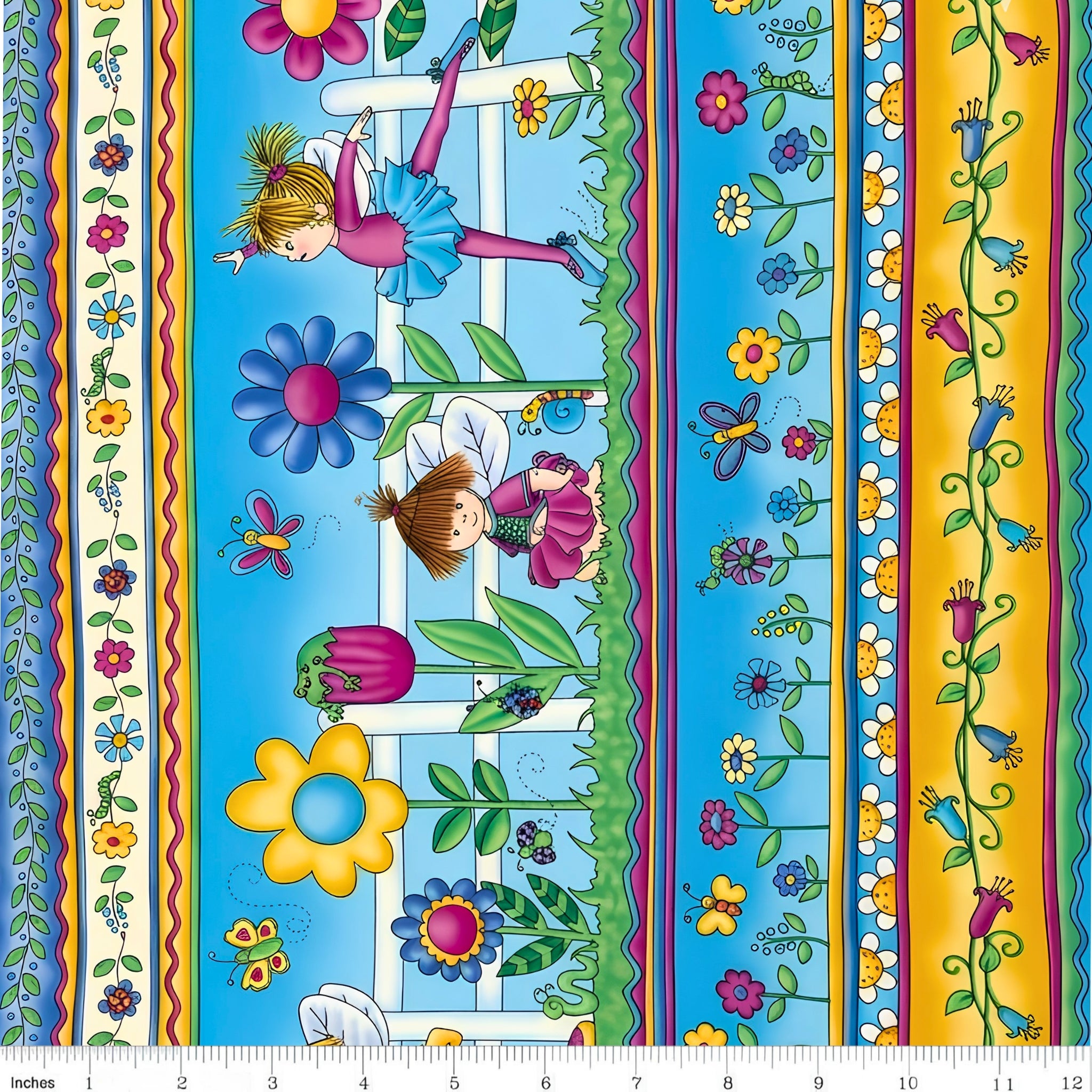 Fairy girls novelty border stripe aqua yellow pink fabric for children's quilts girls' quilts and patchwork sewing projects
