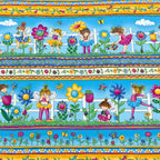 Fairy girls novelty border stripe aqua yellow pink fabric for children's quilts girls' quilts and patchwork sewing projects