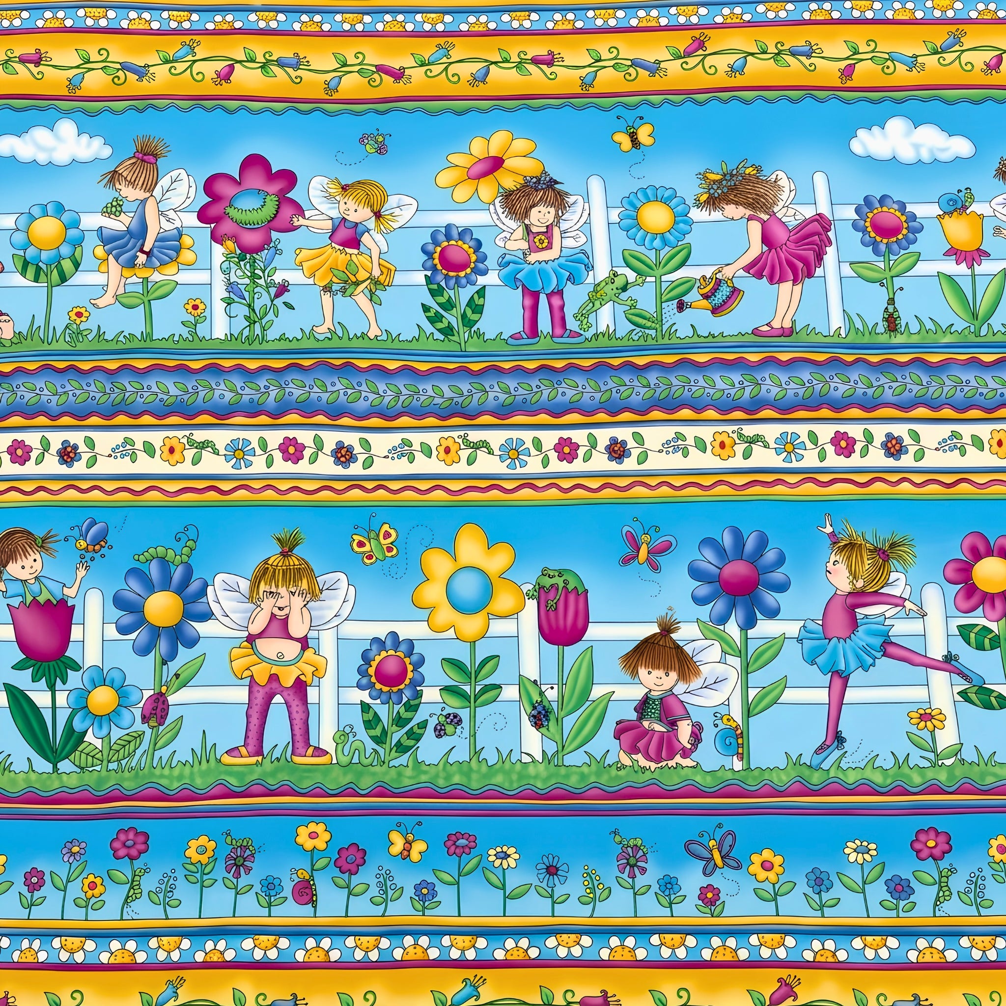 Fairy girls novelty border stripe aqua yellow pink fabric for children's quilts girls' quilts and patchwork sewing projects