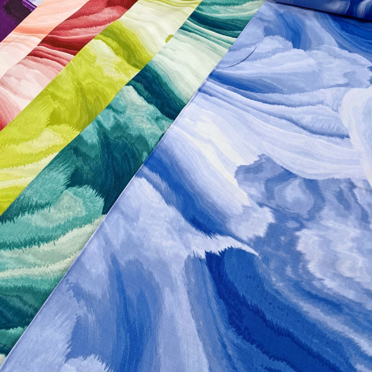 Glacier Waves blender fabric range blue teal green colourways swirling watercolour ombre quilting cotton Caryl Bryer Fallert Benartex