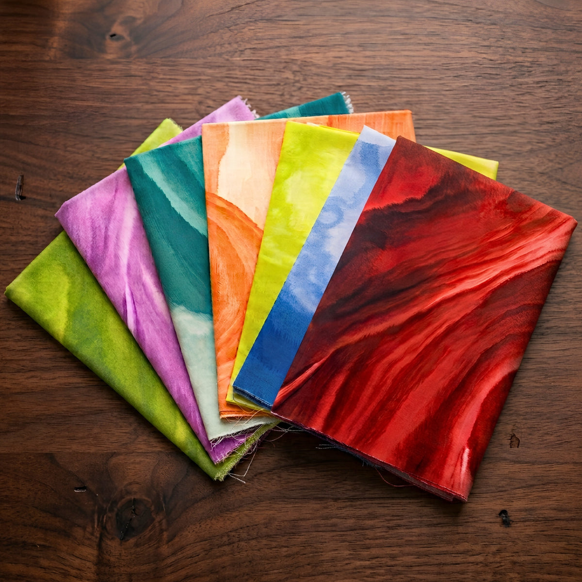Glacier Waves half metre bundle seven watercolour ombre blender quilting cotton pieces red blue green teal orange purple scrappy quilts rainbow patchwork sewing projects