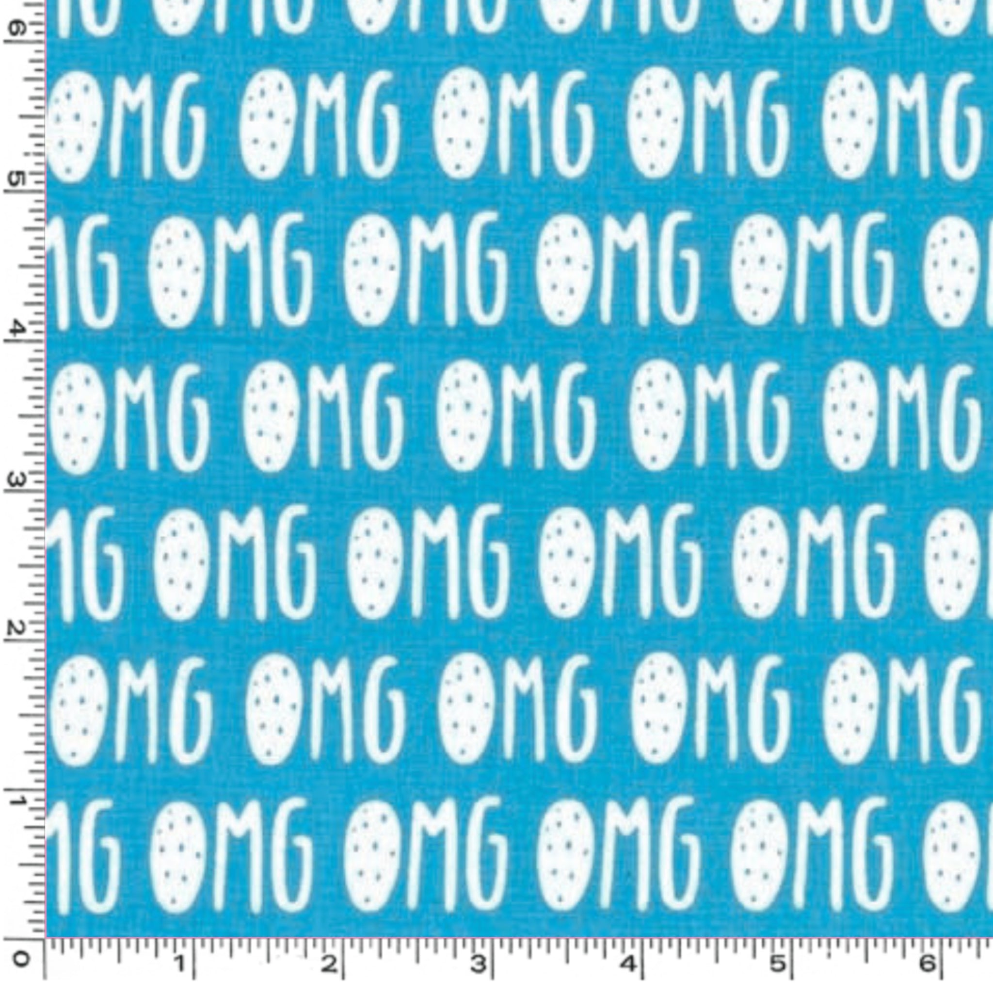 OMG text repeat white aqua blue Y2K novelty fabric for girls quilts tote bags patchwork sewing projects