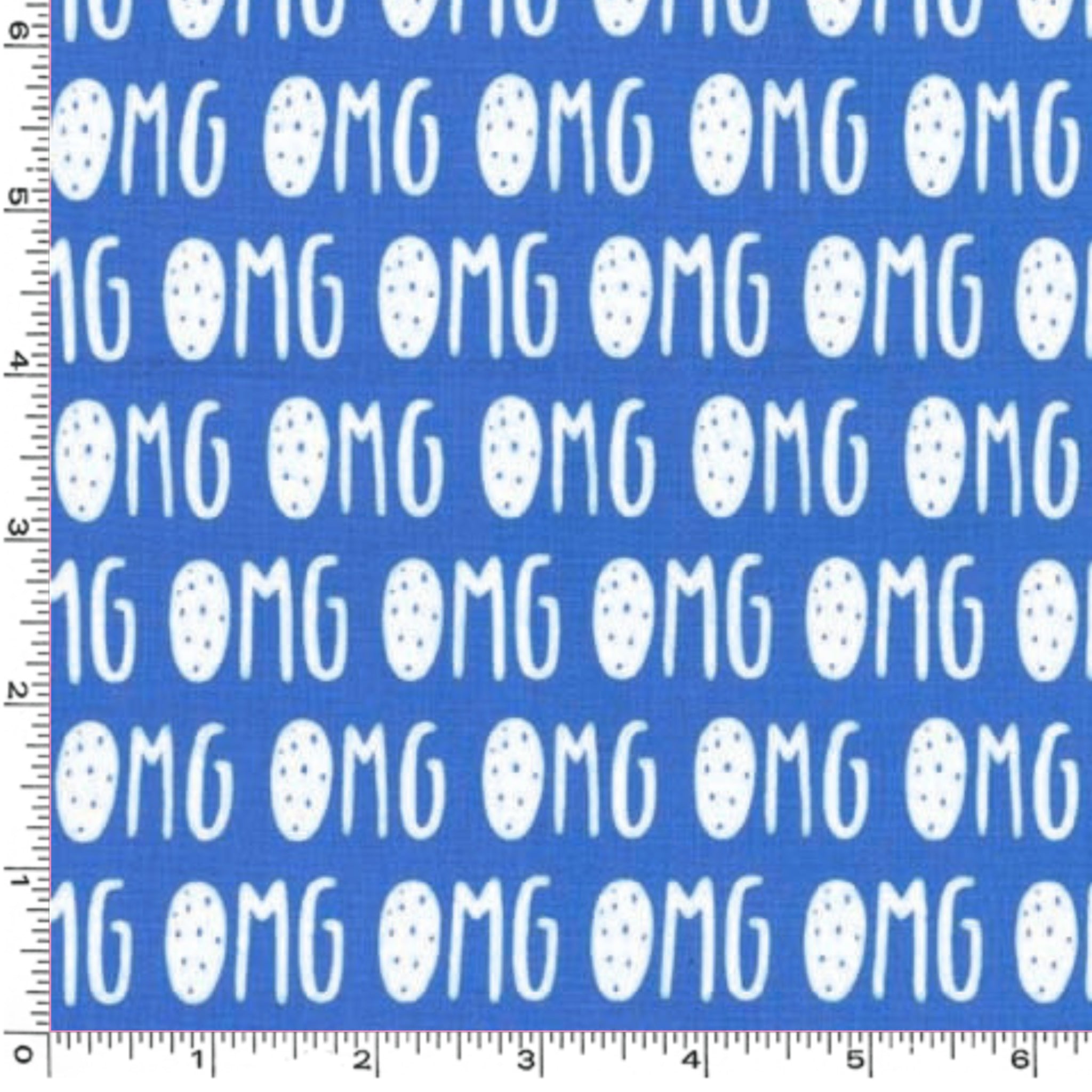 OMG text repeat white cobalt blue Y2K novelty fabric for girls quilts tote bags patchwork sewing projects