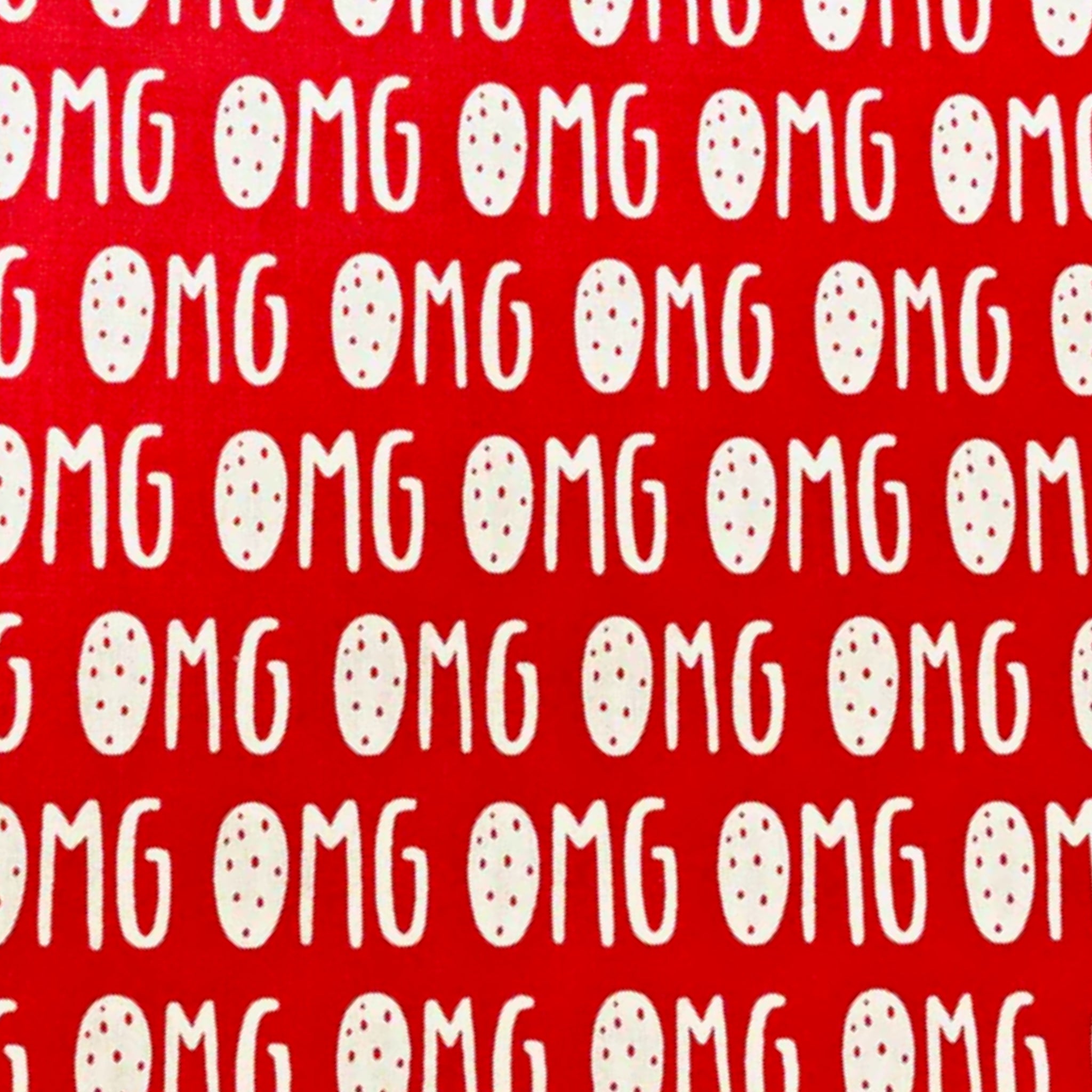 OMG text repeat white red Y2K novelty fabric for girls quilts tote bags patchwork sewing projects