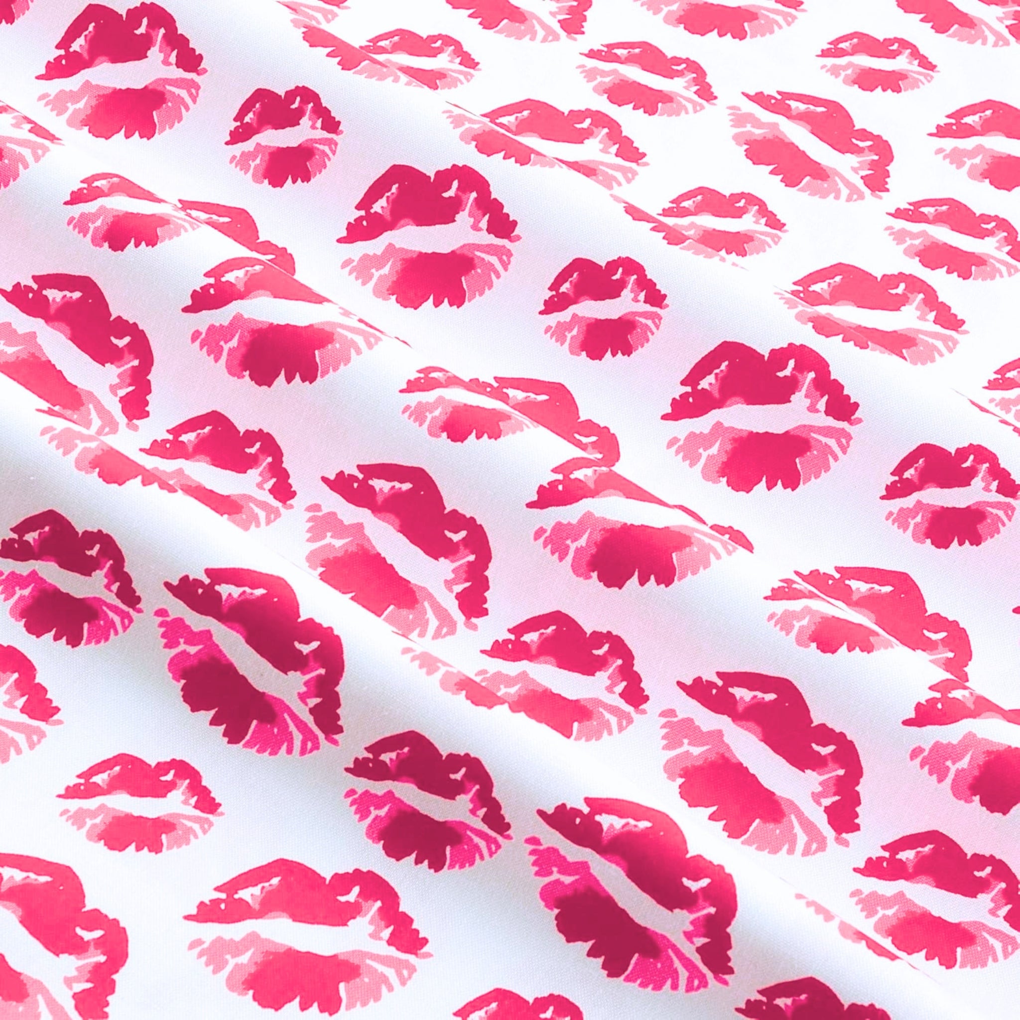 Hot pink magenta lips kisses white Y2K fabric for girls quilts cosmetic bags novelty patchwork sewing projects