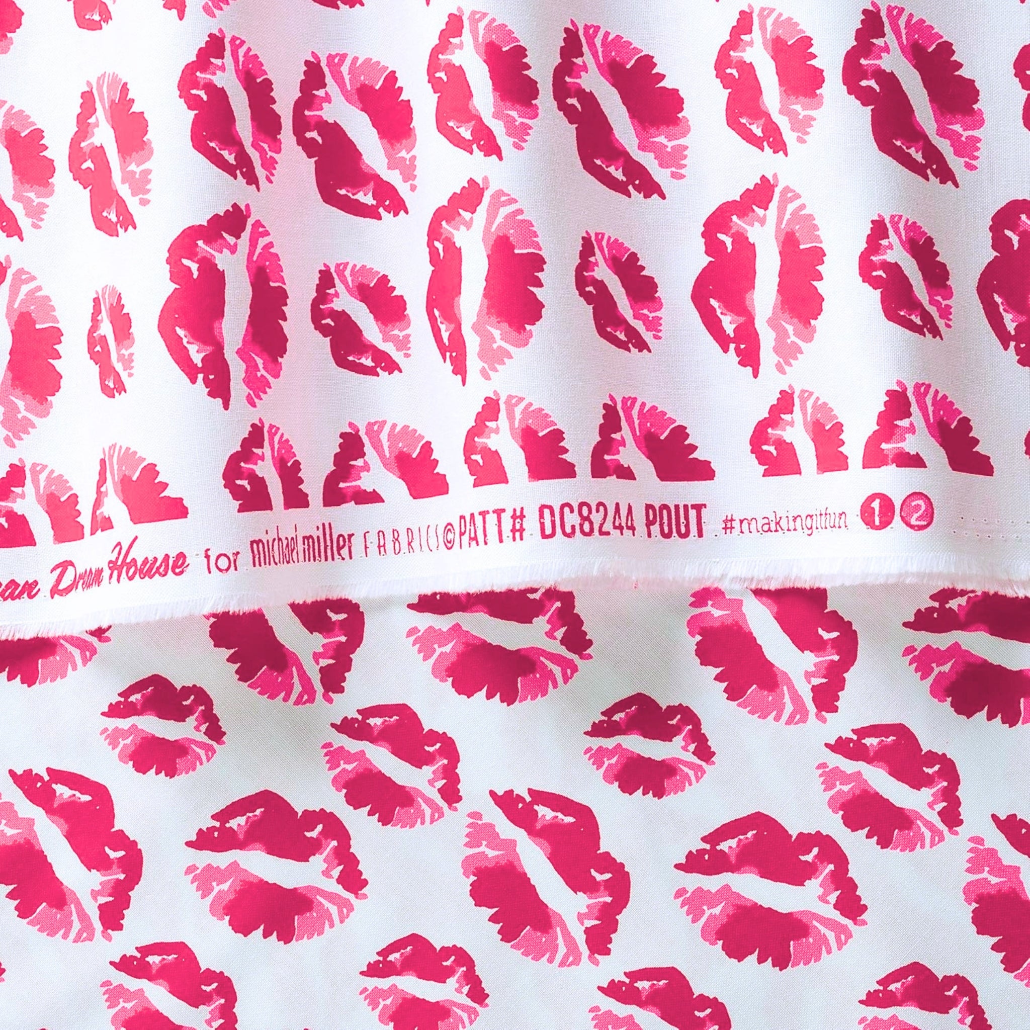 Hot pink magenta lip prints kiss marks white Y2K fabric for girls quilts cosmetic bags novelty patchwork sewing projects