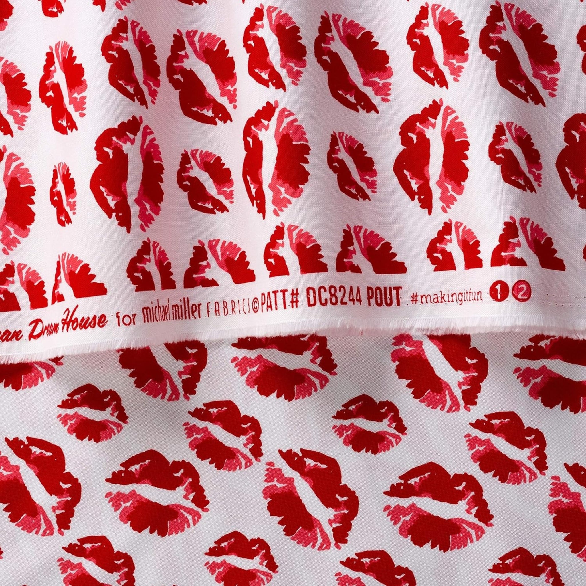 Red lipstick kisses lip prints white Y2K fabric for girls quilts cosmetic bags novelty patchwork sewing projects