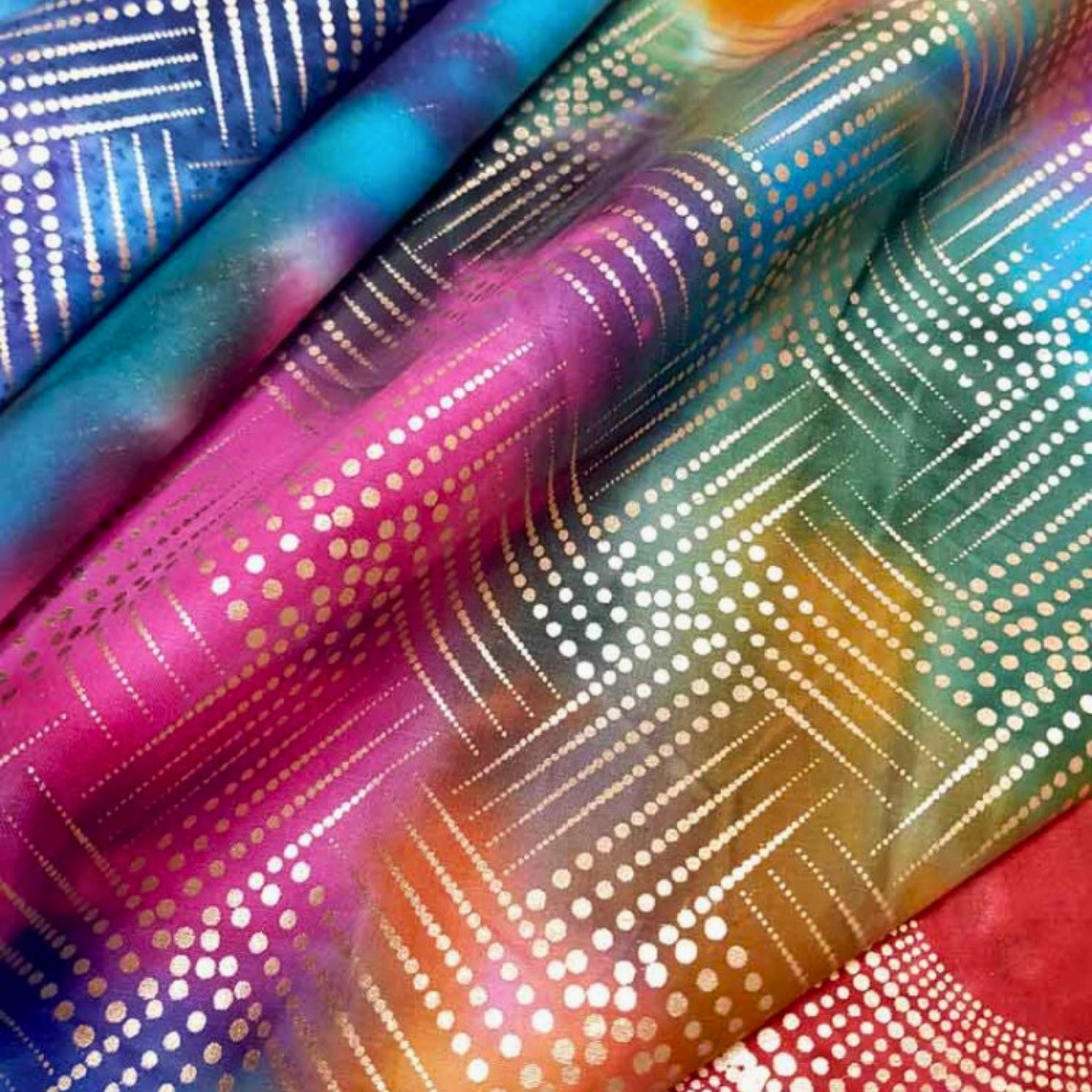 Gold metallic vibrant rainbow ombré fabric for elegant quilts, sophisticated home décor and patchwork sewing projects