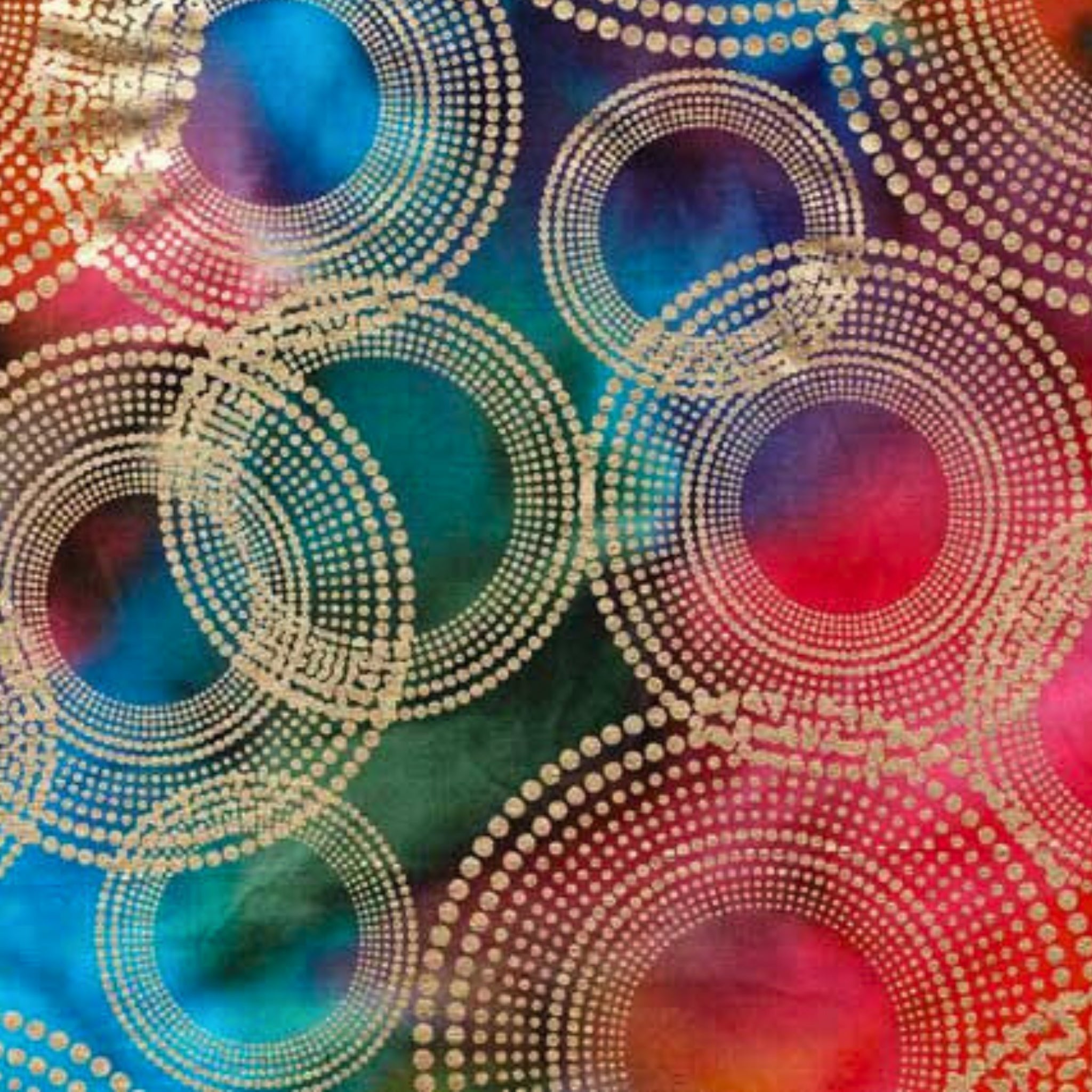 Gold metallic concentric circles on vibrant rainbow ombré fabric for elegant quilts, sophisticated home décor and patchwork sewing projects