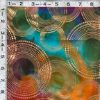 Gold metallic circles on vibrant rainbow ombré fabric for elegant quilts, sophisticated home décor and patchwork sewing projects