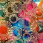 Gold metallic dotted circles on vibrant rainbow ombré fabric for elegant quilts, sophisticated home décor and patchwork sewing projects