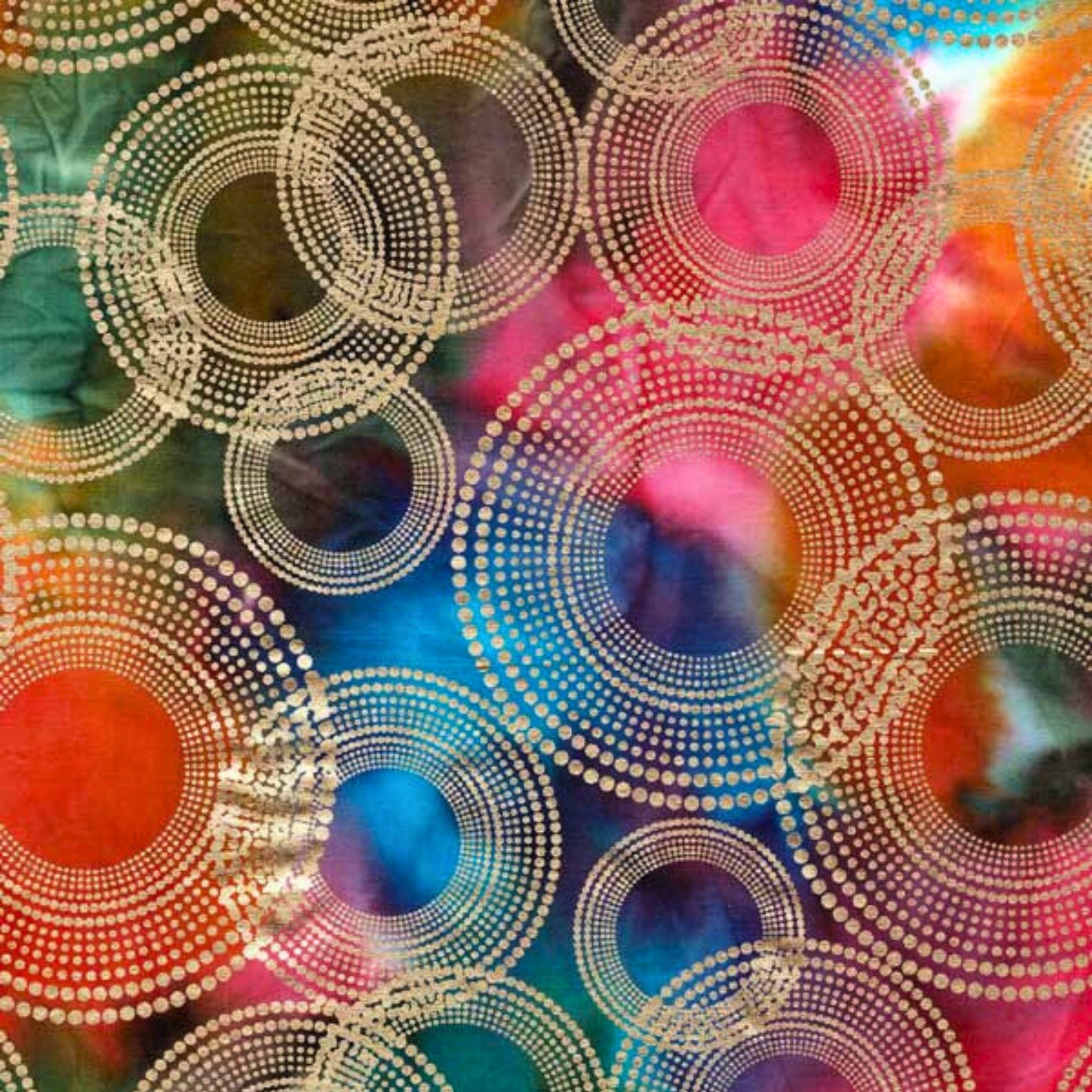 Gold metallic dotted circles on vibrant rainbow ombré fabric for elegant quilts, sophisticated home décor and patchwork sewing projects