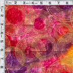 Gold metallic dotted circles on pink yellow orange purple ombré fabric for elegant quilts and patchwork sewing projects