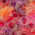 Gold metallic circles on pink yellow orange purple ombré fabric for elegant quilts and patchwork sewing projects