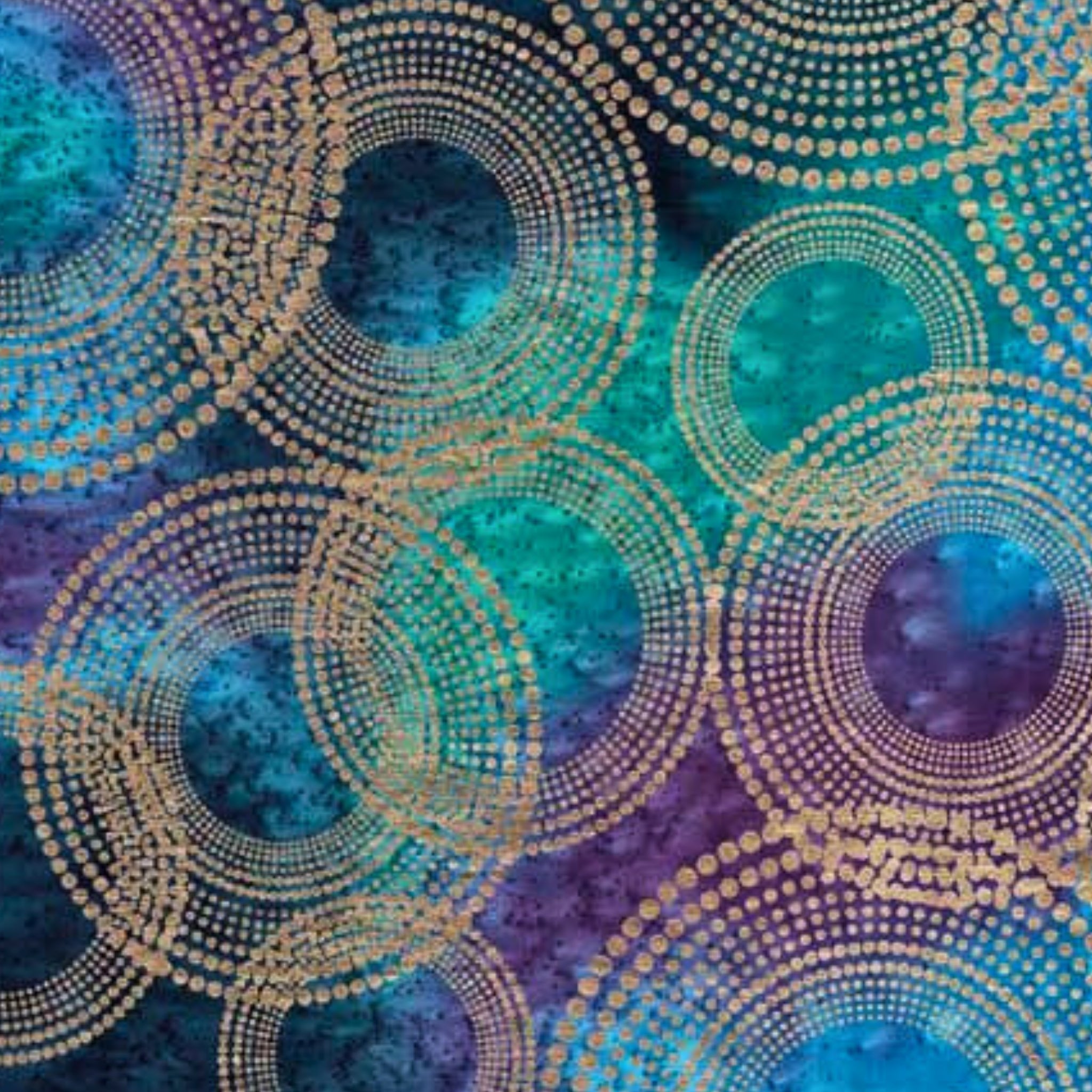 Gold metallic concentric circles on purple turquoise teal ombré fabric for elegant quilts and patchwork sewing projects