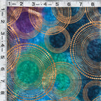 Gold metallic dotted circles on purple turquoise teal ombré fabric for elegant quilts and patchwork sewing projects