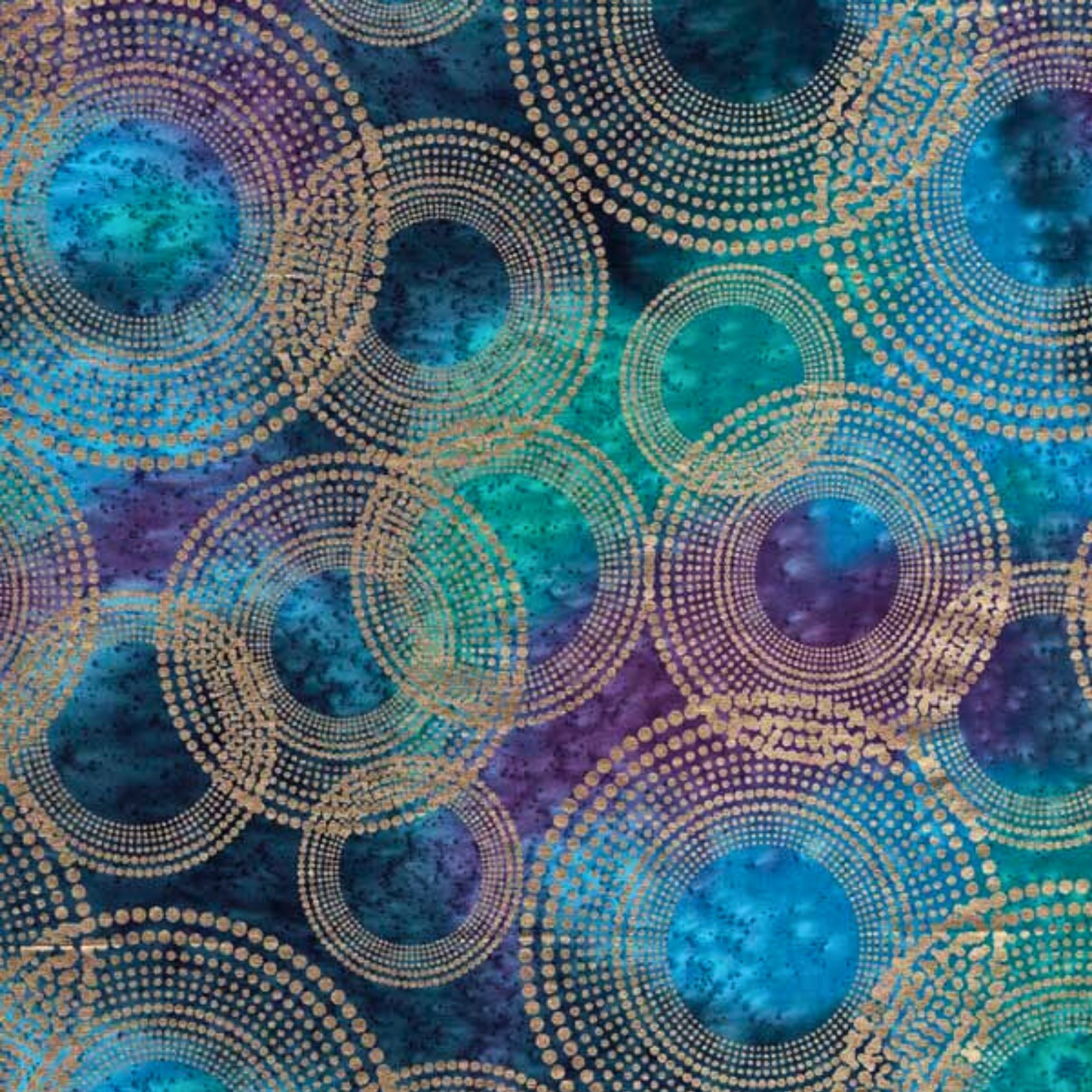 Gold metallic circles on purple turquoise teal ombré fabric for elegant quilts and patchwork sewing projects