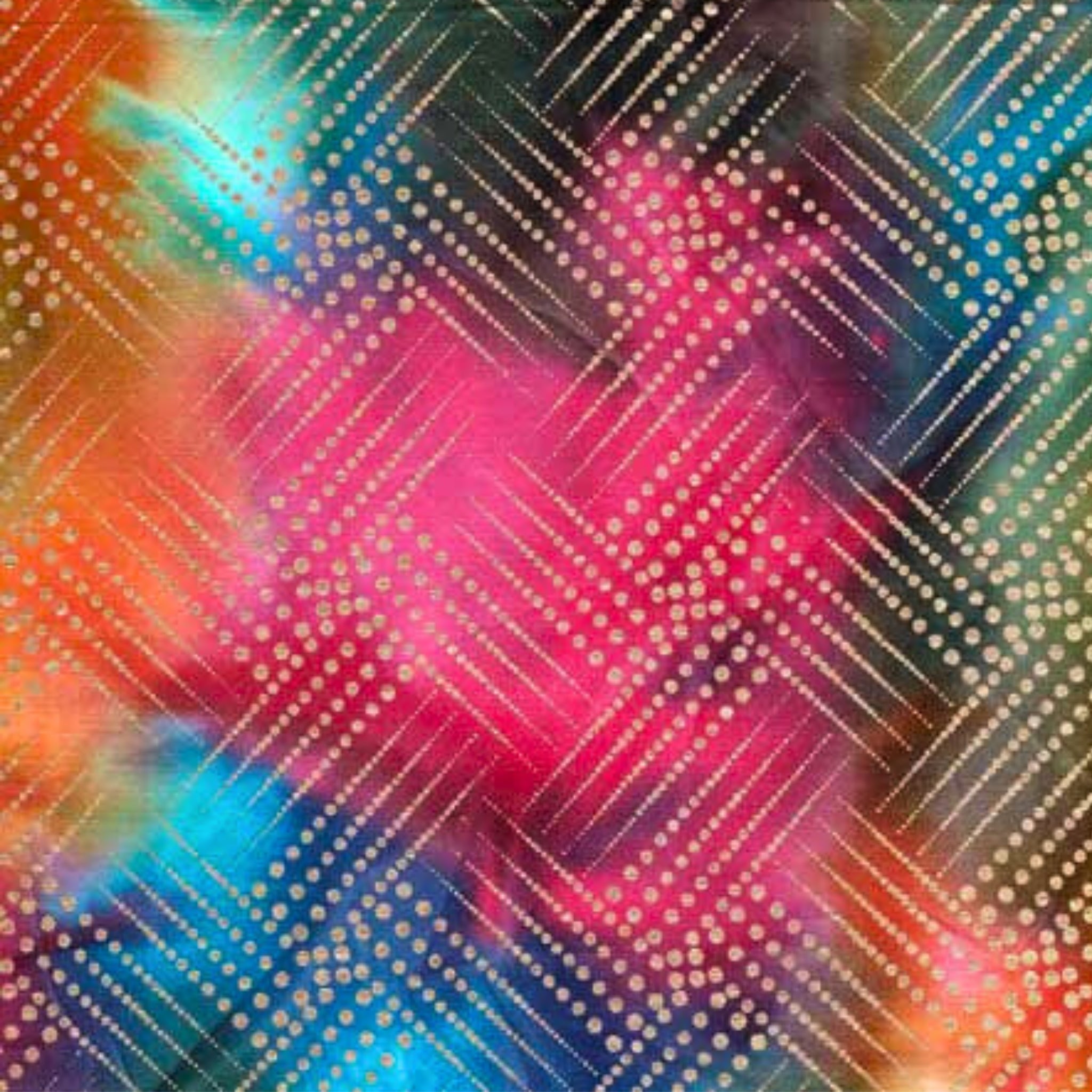 Gold metallic diagonal grid diamond pattern on orange purple fuchsia teal green ombré fabric for elegant quilts and patchwork sewing projects