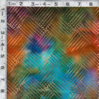 Gold metallic diagonal grid pattern on orange purple fuchsia teal green ombré fabric for elegant quilts and patchwork sewing projects