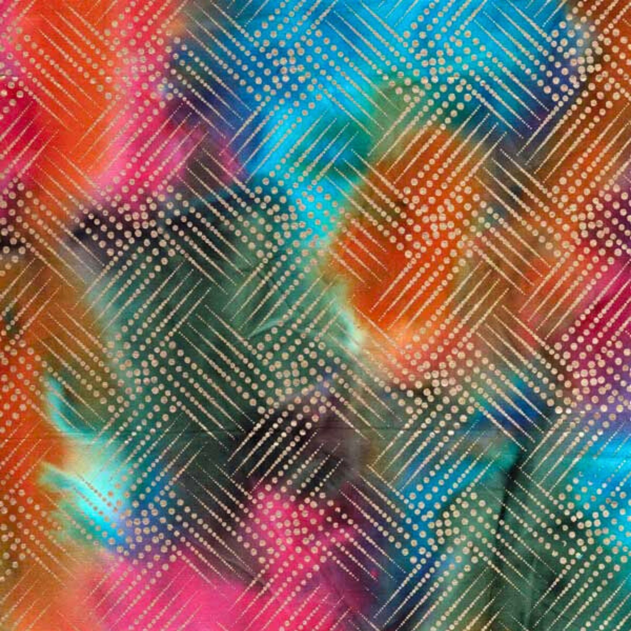 Gold metallic grid diamond pattern on orange purple fuchsia teal green ombré fabric for elegant quilts and patchwork sewing projects