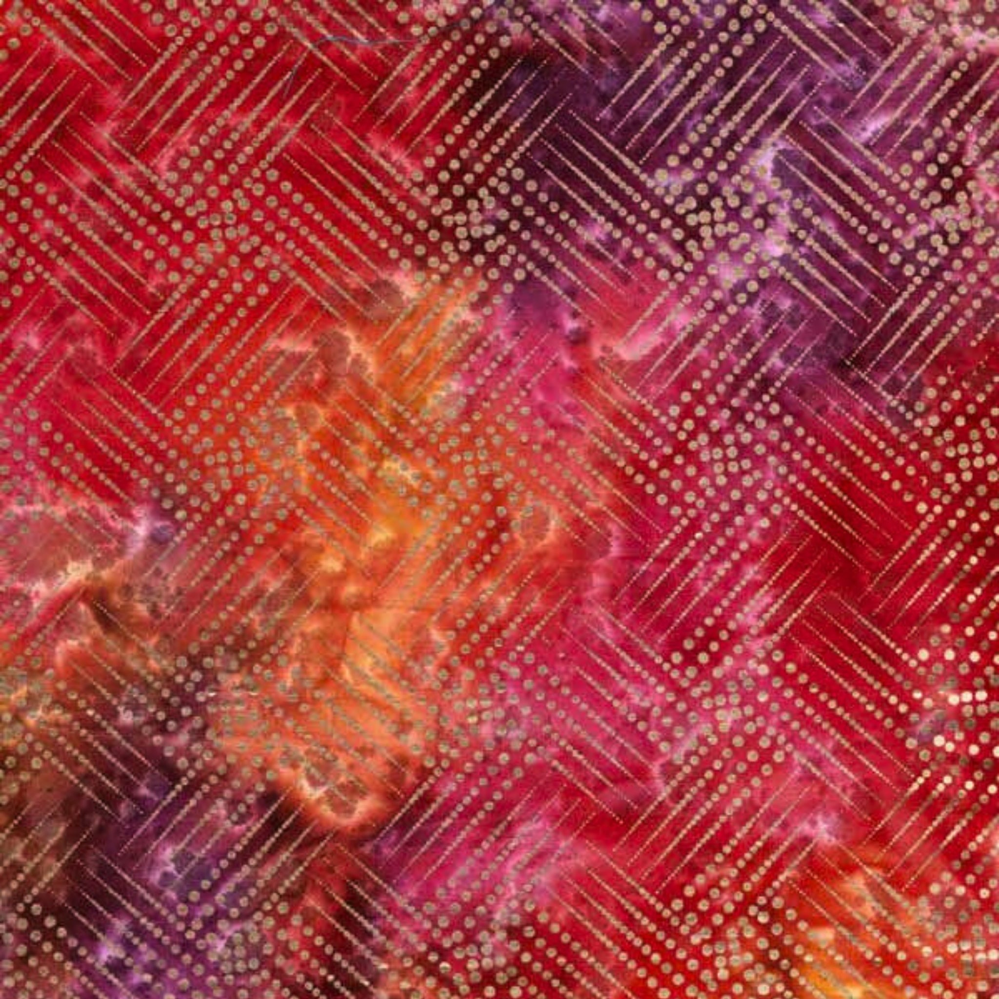 Gold metallic grid diamond pattern on pink orange purple ombré fabric for elegant quilts and patchwork sewing projects
