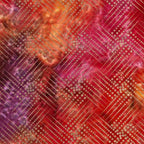 Gold metallic diagonal grid diamond pattern on pink orange purple ombré fabric for elegant quilts and patchwork sewing projects